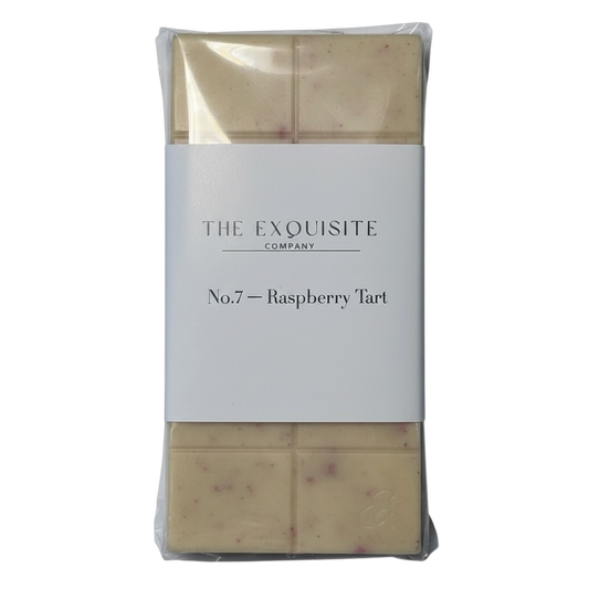 No.7 Raspberry Tart.                                   Bright Raspberry ganache and biscuit crust, fruity white chocolate